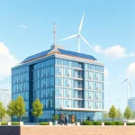 A modern university campus building with engineering students working on sustainable energy projects, solar panels on the roof, wind turbines in the background, graphs showing economic growth and efficiency metrics floating subtly in the air, professional and academic atmosphere, clean lines, realistic lighting, no text or symbols