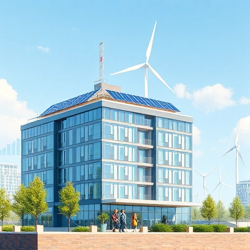 A modern university campus building with engineering students working on sustainable energy projects, solar panels on the roof, wind turbines in the background, graphs showing economic growth and efficiency metrics floating subtly in the air, professional and academic atmosphere, clean lines, realistic lighting, no text or symbols