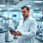A professional specialist in a modern laboratory setting, wearing a white lab coat, analyzing data on a digital tablet, surrounded by advanced scientific equipment and soft ambient lighting, conveying expertise and focus