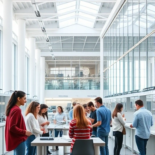 A modern university campus with students collaborating in a high-tech lab, diverse group working on engineering projects, clean architecture, bright natural light, focus on innovation and teamwork, no text or signage visible