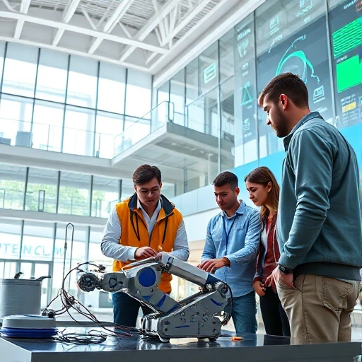 A modern university campus building with engineering students collaborating on a project involving robotics and sustainable technology, set in a bright, innovative environment with digital displays showing data and diagrams, symbolizing challenges and solutions in technical education