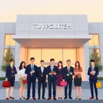 A modern, professional illustration of a diverse group of young adults in business attire standing confidently in front of a sleek university building with 'Tuvpoliteh' subtly engraved on its facade, holding briefcases and laptops, with soft golden hour lighting, symbolizing career success through education, minimalist and clean aesthetic