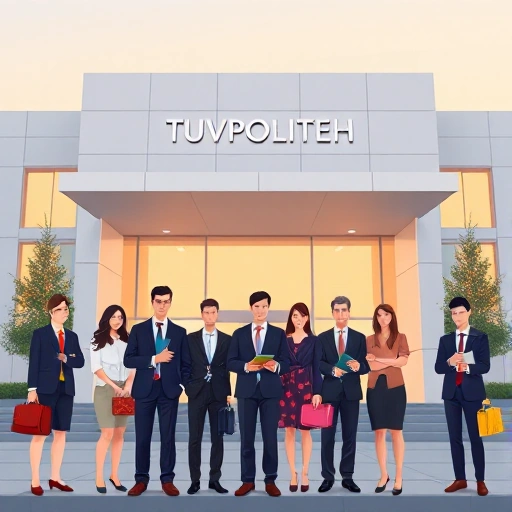A modern, professional illustration of a diverse group of young adults in business attire standing confidently in front of a sleek university building with 'Tuvpoliteh' subtly engraved on its facade, holding briefcases and laptops, with soft golden hour lighting, symbolizing career success through education, minimalist and clean aesthetic