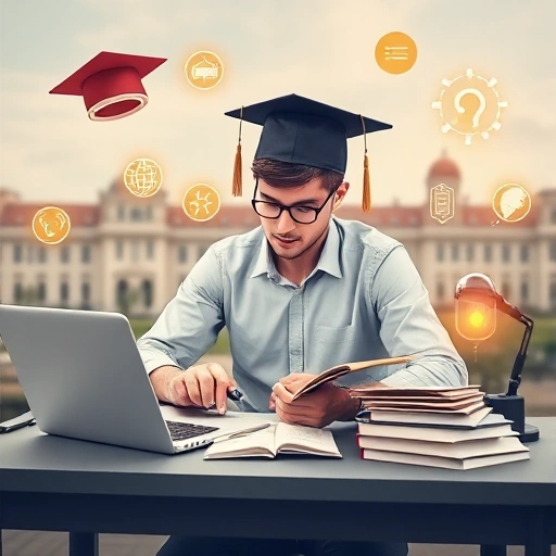 A person studying intensively at a desk with books, laptop, and notes, surrounded by symbols of expertise like a graduation cap, glowing knowledge icons, and a background of a technical university campus, representing the journey to becoming an expert in tuvpoliteh