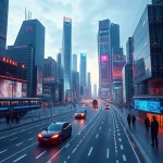 A futuristic cityscape with sleek high-tech buildings, glowing digital interfaces, autonomous vehicles, and people interacting with holographic displays, symbolizing technological progress, in a clean, detailed, high-quality smallHQ style