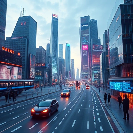 A futuristic cityscape with sleek high-tech buildings, glowing digital interfaces, autonomous vehicles, and people interacting with holographic displays, symbolizing technological progress, in a clean, detailed, high-quality smallHQ style