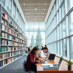 A modern university campus with students studying in a bright library, using laptops and books, symbolizing quality education improvement at tuvpoliteh