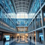 A modern university campus building with digital transformation elements: holographic displays showing data flows, students and professors interacting with augmented reality interfaces, sleek metallic architecture blended with traditional academic design, soft natural lighting, high detail, realistic rendering