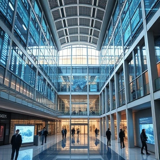 A modern university campus building with digital transformation elements: holographic displays showing data flows, students and professors interacting with augmented reality interfaces, sleek metallic architecture blended with traditional academic design, soft natural lighting, high detail, realistic rendering
