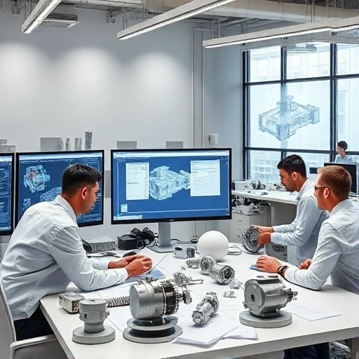 A professional engineering design team working on product development in a modern office, with CAD software on large screens, 3D models of mechanical parts, blueprints on desks, and engineers collaborating, clean and technical atmosphere, high detail, realistic lighting