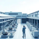 A modern engineering solutions concept featuring a sleek, futuristic industrial facility with clean lines, solar panels on the roof, robotic arms assembling precision components, engineers in smart uniforms reviewing holographic blueprints, and a subtle logo or emblem suggesting 'tuvpoliteh' integrated into the architecture — all in a minimalist, high-detail aesthetic with soft natural lighting and a cool color palette of steel blue, white, and gray