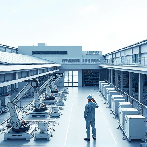 A modern engineering solutions concept featuring a sleek, futuristic industrial facility with clean lines, solar panels on the roof, robotic arms assembling precision components, engineers in smart uniforms reviewing holographic blueprints, and a subtle logo or emblem suggesting 'tuvpoliteh' integrated into the architecture — all in a minimalist, high-detail aesthetic with soft natural lighting and a cool color palette of steel blue, white, and gray