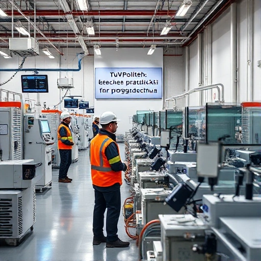 A modern industrial facility with clean production lines, engineers in safety gear monitoring automated machinery, digital displays showing production metrics, and a banner in Russian reading 'TuVPoliteh: лучшие практики производства' subtly integrated into the background wall, professional lighting, high detail, realistic style