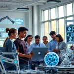 A modern, inspiring scene of a diverse group of young students collaborating in a high-tech university lab, surrounded by glowing digital interfaces, robotics, and sustainable energy models, with the TuVPoliteh logo subtly integrated into the architecture, soft natural light from large windows, conveying ambition, innovation, and academic excellence