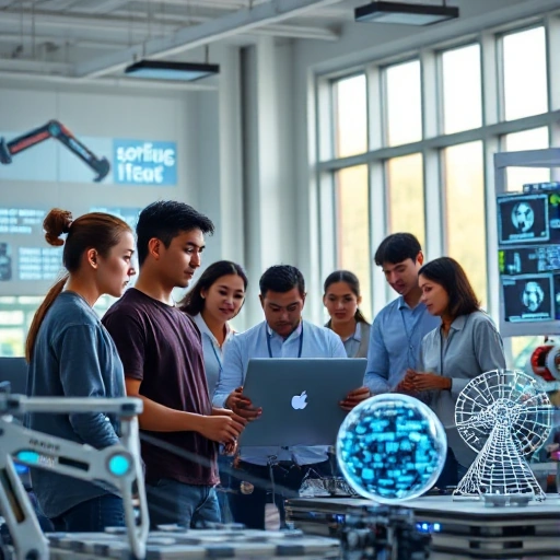 A modern, inspiring scene of a diverse group of young students collaborating in a high-tech university lab, surrounded by glowing digital interfaces, robotics, and sustainable energy models, with the TuVPoliteh logo subtly integrated into the architecture, soft natural light from large windows, conveying ambition, innovation, and academic excellence