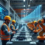 A modern industrial facility with engineers in safety gear analyzing data on large screens, robotic arms assembling components, and digital performance metrics floating in the air as holograms, symbolizing increased productivity through tuvpoliteh technology