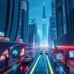A futuristic cityscape with sleek high-tech buildings, glowing neon pathways, autonomous flying vehicles, and people interacting with holographic interfaces, all in a clean, optimistic vision of tomorrow’s technology