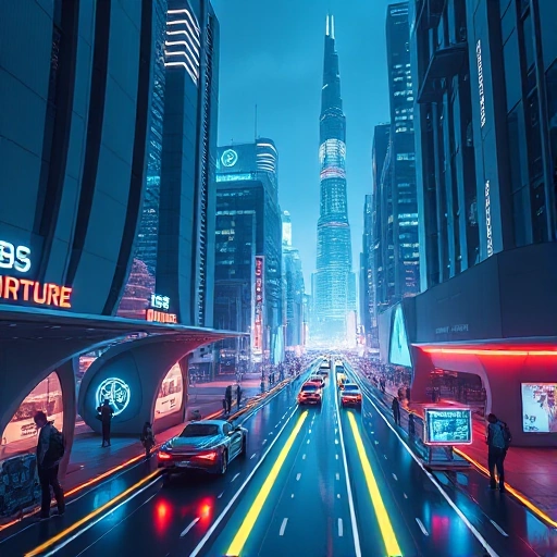 A futuristic cityscape with sleek high-tech buildings, glowing neon pathways, autonomous flying vehicles, and people interacting with holographic interfaces, all in a clean, optimistic vision of tomorrow’s technology