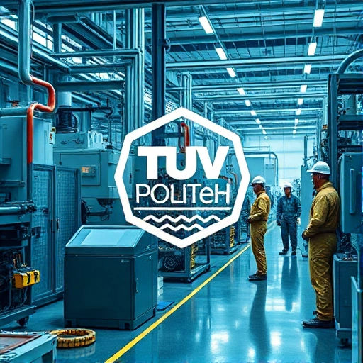 A high-tech industrial scene featuring a stylized emblem of TUV Politeh subtly integrated into a modern factory setting. The image shows advanced machinery, safety equipment, and engineers in protective gear inspecting equipment, with a clean, futuristic aesthetic and a focus on precision and quality assurance.