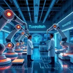 A futuristic laboratory scene showing advanced technological innovations in the field of tuvpoliteh, featuring sleek robotic arms, holographic data displays, glowing circuit patterns on surfaces, and scientists in modern lab coats collaborating with AI interfaces, all rendered in high detail with a clean, high-tech aesthetic