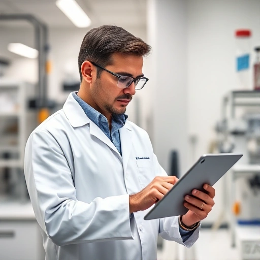 A professional specialist in a modern laboratory or technical environment, wearing a lab coat or work uniform, analyzing data on a digital tablet, surrounded by scientific equipment and subtle engineering symbols, conveying expertise and focus, in a clean, high-detail smallHQ style