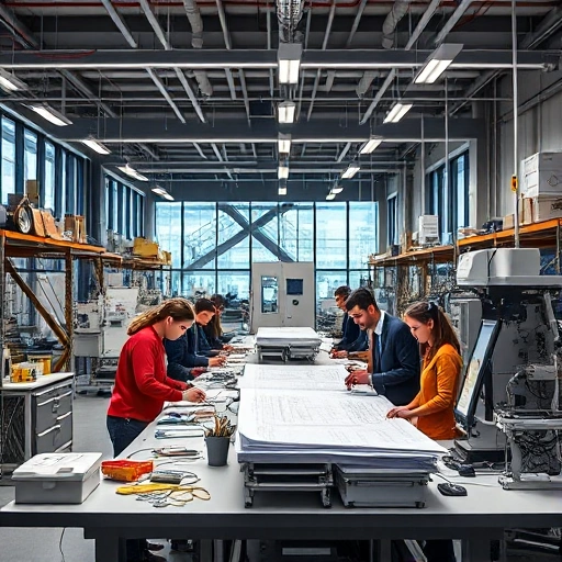 A modern engineering campus scene with students and faculty in technical collaboration, featuring engineering labs, machinery, blueprints, and digital design tools, reflecting the engineering focus of tuvpoliteh, in a clean, professional, and inspiring environment