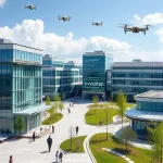 A futuristic university campus with modern glass buildings, students walking with holographic tablets, solar panels on rooftops, and a digital sign displaying 'tuvpoliteh: шаг в будущее' in Cyrillic, surrounded by green spaces and drones flying gently in the sky, all rendered in a clean, high-detail, smallHQ style