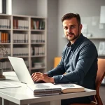 A professional adult person sitting at a modern desk with a laptop, surrounded by books and diagrams related to engineering and technology, wearing smart casual clothing, focused expression, soft natural lighting from a nearby window, minimalist office background with shelves of technical literature, subtle glow highlighting expertise and dedication