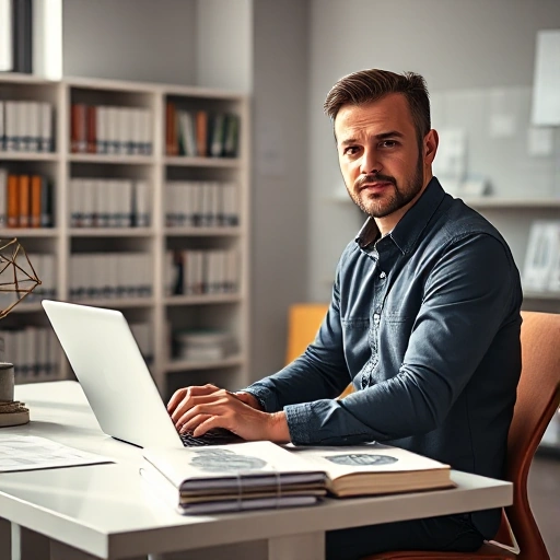 A professional adult person sitting at a modern desk with a laptop, surrounded by books and diagrams related to engineering and technology, wearing smart casual clothing, focused expression, soft natural lighting from a nearby window, minimalist office background with shelves of technical literature, subtle glow highlighting expertise and dedication