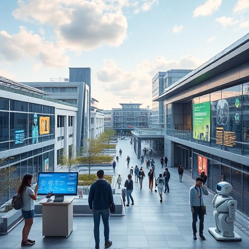 A futuristic university campus with modern buildings, students using advanced technology like holographic displays and robotics, solar panels on rooftops, and digital information boards showing innovation themes, all in a clean, high-tech environment reflecting new technologies and trends