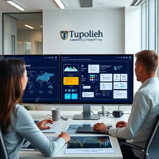 A modern office scene showing professionals collaborating on improving business processes, with digital dashboards, flowcharts on screens, and a subtle university logo in the background representing tuvpoliteh, clean and professional atmosphere, soft natural lighting