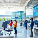 A modern university campus with advanced technology labs, students using VR headsets and robotics, solar panels on buildings, digital screens displaying data, futuristic architecture with glass and steel, bright daylight, clean and innovative atmosphere