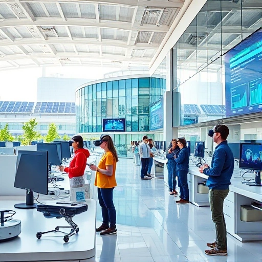 A modern university campus with advanced technology labs, students using VR headsets and robotics, solar panels on buildings, digital screens displaying data, futuristic architecture with glass and steel, bright daylight, clean and innovative atmosphere