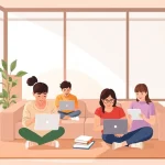 A modern online learning platform interface showing a diverse group of students studying remotely via laptops and tablets, with subtle university branding elements like 'tuvpoliteh' in a clean, minimalist design, soft natural lighting, flat vector style, educational atmosphere