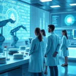 A modern science and technology scene featuring a futuristic laboratory with glowing holographic displays, robotic arms conducting experiments, and a diverse group of scientists in sleek lab coats observing data streams, all rendered in a clean, high-detail digital art style with soft ambient lighting and subtle blue-green tones