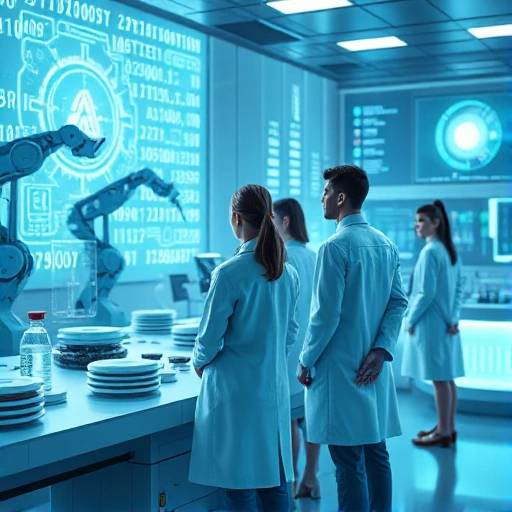 A modern science and technology scene featuring a futuristic laboratory with glowing holographic displays, robotic arms conducting experiments, and a diverse group of scientists in sleek lab coats observing data streams, all rendered in a clean, high-detail digital art style with soft ambient lighting and subtle blue-green tones