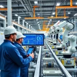 A modern industrial factory interior with engineers in uniforms reviewing digital production data on large screens, automated robotic arms assembling precision parts, conveyor belts moving components, clean and organized workspace, bright lighting, advanced machinery, focus on efficiency and technological improvement in manufacturing