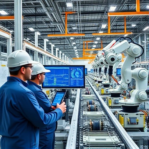 A modern industrial factory interior with engineers in uniforms reviewing digital production data on large screens, automated robotic arms assembling precision parts, conveyor belts moving components, clean and organized workspace, bright lighting, advanced machinery, focus on efficiency and technological improvement in manufacturing