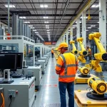 A modern industrial facility in Uzbekistan, specifically the Tuvpoliteh production complex, showing advanced manufacturing equipment, engineers in safety gear working on precision machinery, clean production lines with robotic arms, and a professional atmosphere reflecting high-tech manufacturing in the field of industrial production