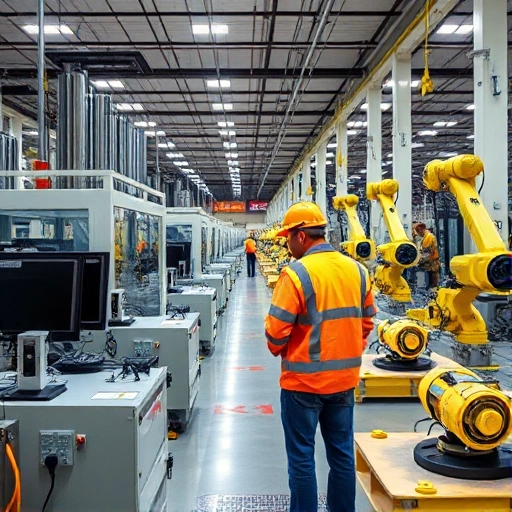 A modern industrial facility in Uzbekistan, specifically the Tuvpoliteh production complex, showing advanced manufacturing equipment, engineers in safety gear working on precision machinery, clean production lines with robotic arms, and a professional atmosphere reflecting high-tech manufacturing in the field of industrial production