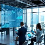 A modern business office with digital transformation elements: holographic charts, AI-powered analytics screens, employees collaborating with tablets and laptops, subtle integration of tuvpoliteh technology branding in the background as sleek, minimalist icons on glass walls, natural lighting, professional atmosphere, high detail, realistic rendering