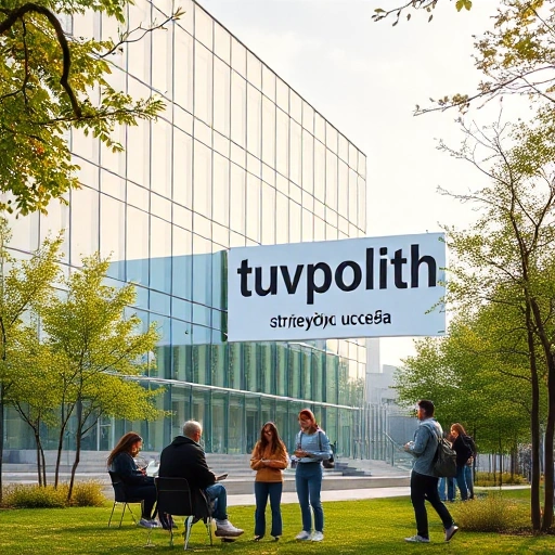 A modern university campus building with sleek glass architecture, students in casual clothing studying together outdoors near trees, a banner in the background with Cyrillic text 'tuvpoliteh: стратегии успеха' subtly integrated into the design, soft natural lighting, high detail, realistic style