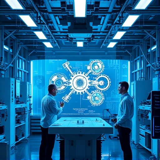 A modern, high-tech engineering laboratory with sleek equipment, glowing blue and white lighting, engineers in professional attire collaborating around a central holographic display showing complex mechanical designs, subtle Russian text elements integrated into the background as abstract patterns (not legible as readable words), conveying innovation and precision in engineering, smallHQ style