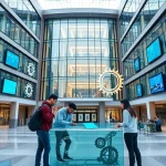 A modern university campus building with engineering students collaborating on a project, surrounded by technological elements like gears, circuits, and digital screens, symbolizing challenges and solutions in technical education, in a clean, professional, and inspiring atmosphere
