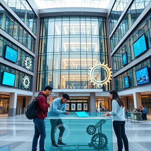 A modern university campus building with engineering students collaborating on a project, surrounded by technological elements like gears, circuits, and digital screens, symbolizing challenges and solutions in technical education, in a clean, professional, and inspiring atmosphere