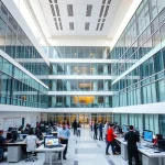A modern university campus building with engineering labs and students working on technical projects, representing the application sphere of tuvpoliteh (Tashkent University of Information Technologies), featuring advanced equipment, collaborative workspaces, and a focus on innovation in information technology and engineering