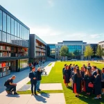 A modern university campus with students studying in a bright library, engineers working on robotics in a lab, and a diverse group of graduates celebrating on a lawn under a clear sky, symbolizing the path to success through education and innovation at TuVPoliteh