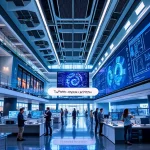 A modern university campus with futuristic architecture, students collaborating in high-tech labs, digital screens displaying engineering schematics, and a banner with the text 'TuVPoliteh: стратегия развития' in Russian, symbolizing innovation and academic growth