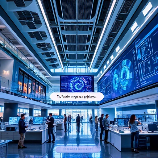 A modern university campus with futuristic architecture, students collaborating in high-tech labs, digital screens displaying engineering schematics, and a banner with the text 'TuVPoliteh: стратегия развития' in Russian, symbolizing innovation and academic growth