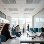 A modern university campus in TuvPoliteh with students collaborating in a bright, tech-equipped classroom, featuring clean lines, natural light, and subtle engineering-themed decor like blueprints and circuit patterns on walls, no text or signage visible